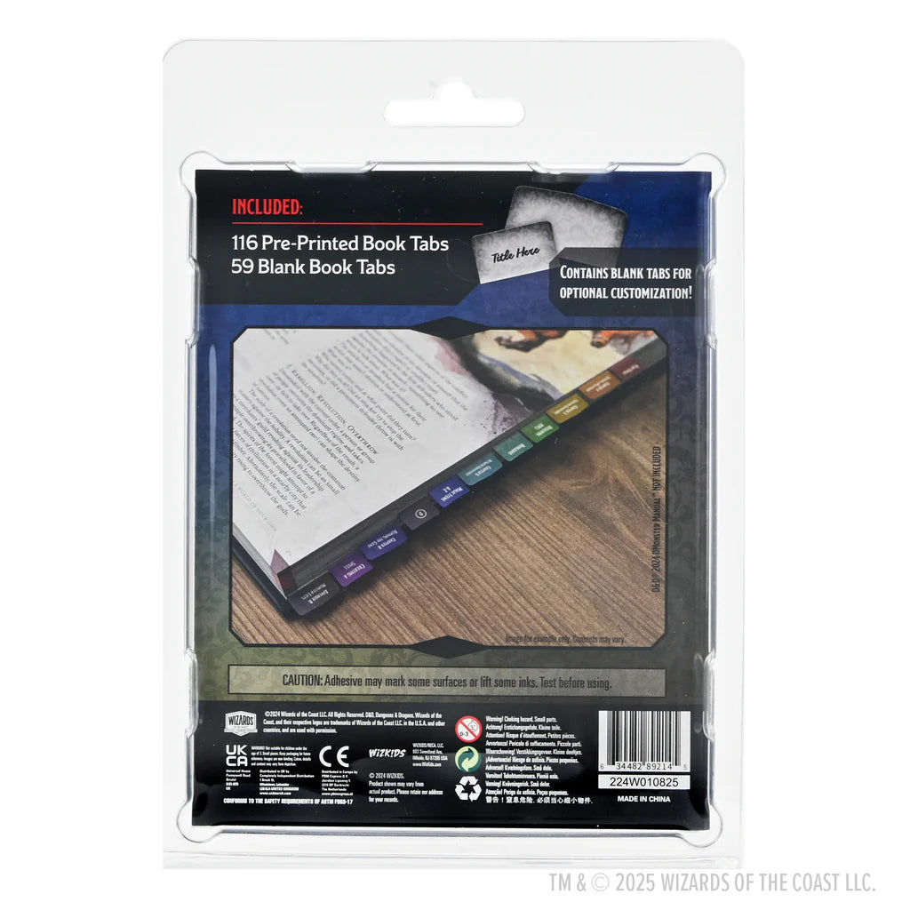 Pre-printed book tabs for Dungeons & Dragons 2024 Monster Manual, featuring 116 tabs and 59 blank tabs for customization.