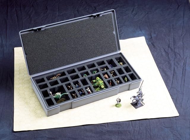Large Chessex figure storage box with 40 compartments, holding miniatures, on a hex-patterned mat.