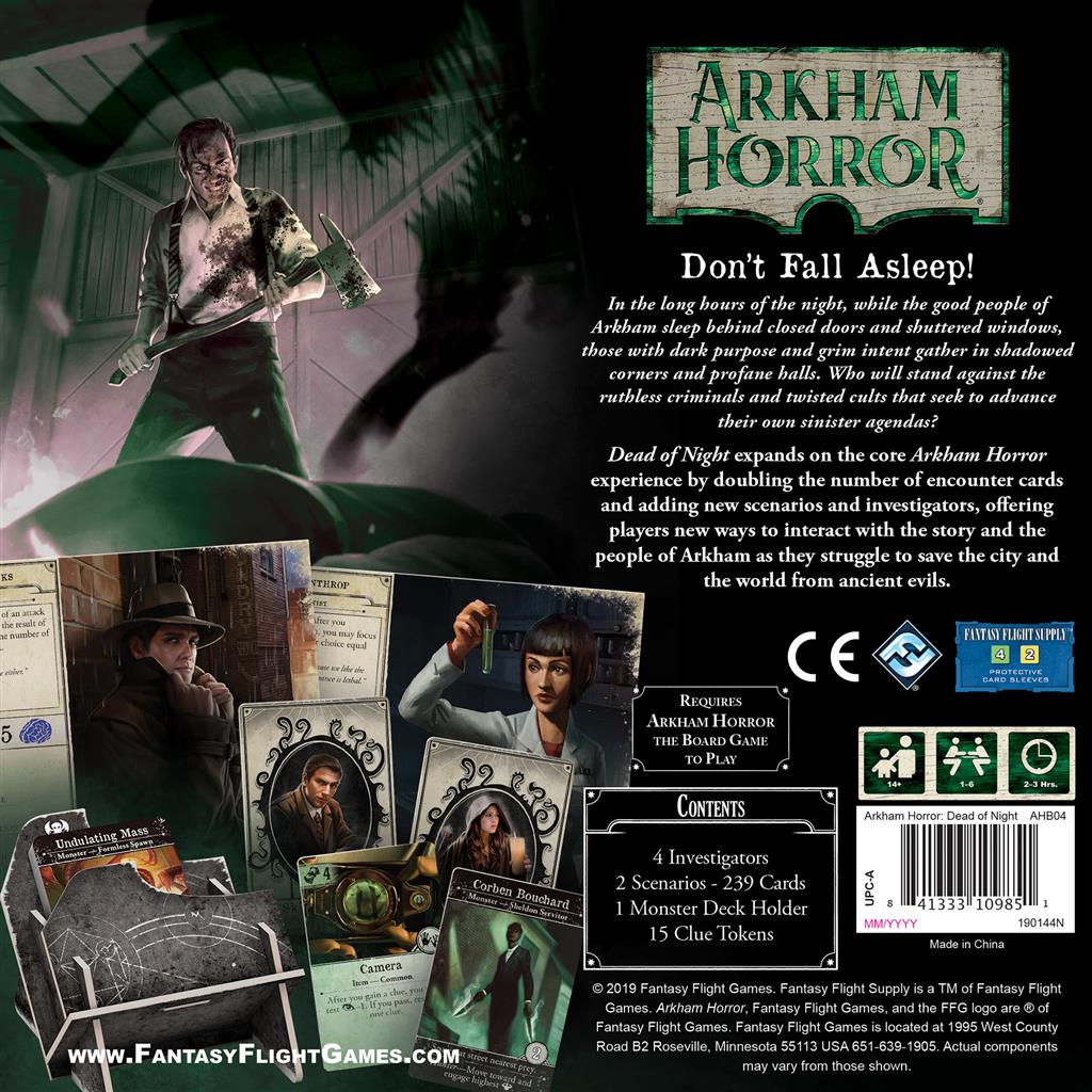 Arkham Horror 3E: The Dead of Night game box featuring eerie artwork, cards, and game components for strategy enthusiasts.