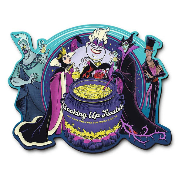 Disney Woodcraft Villains 500 Piece Puzzle featuring iconic villains around a cauldron with the text "Cooking Up Trouble.