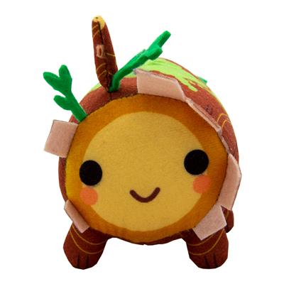 Catan Sprite Plushie in the shape of a wooden log, featuring a smiling face and green leaf accents.