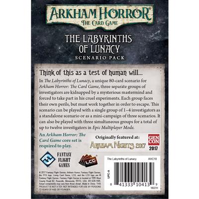 Back cover of Arkham Horror LCG: The Labyrinths of Lunacy scenario pack, detailing gameplay and features for players.