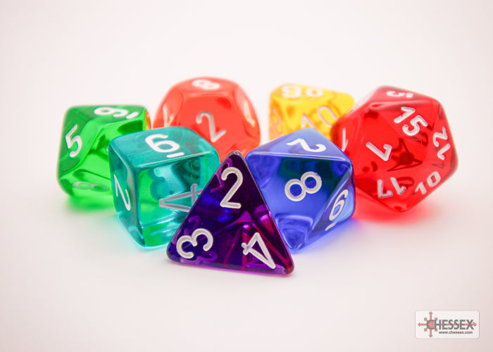 Colorful polyhedral dice set featuring translucent green, blue, red, and yellow dice with white numbers, ideal for gaming.
