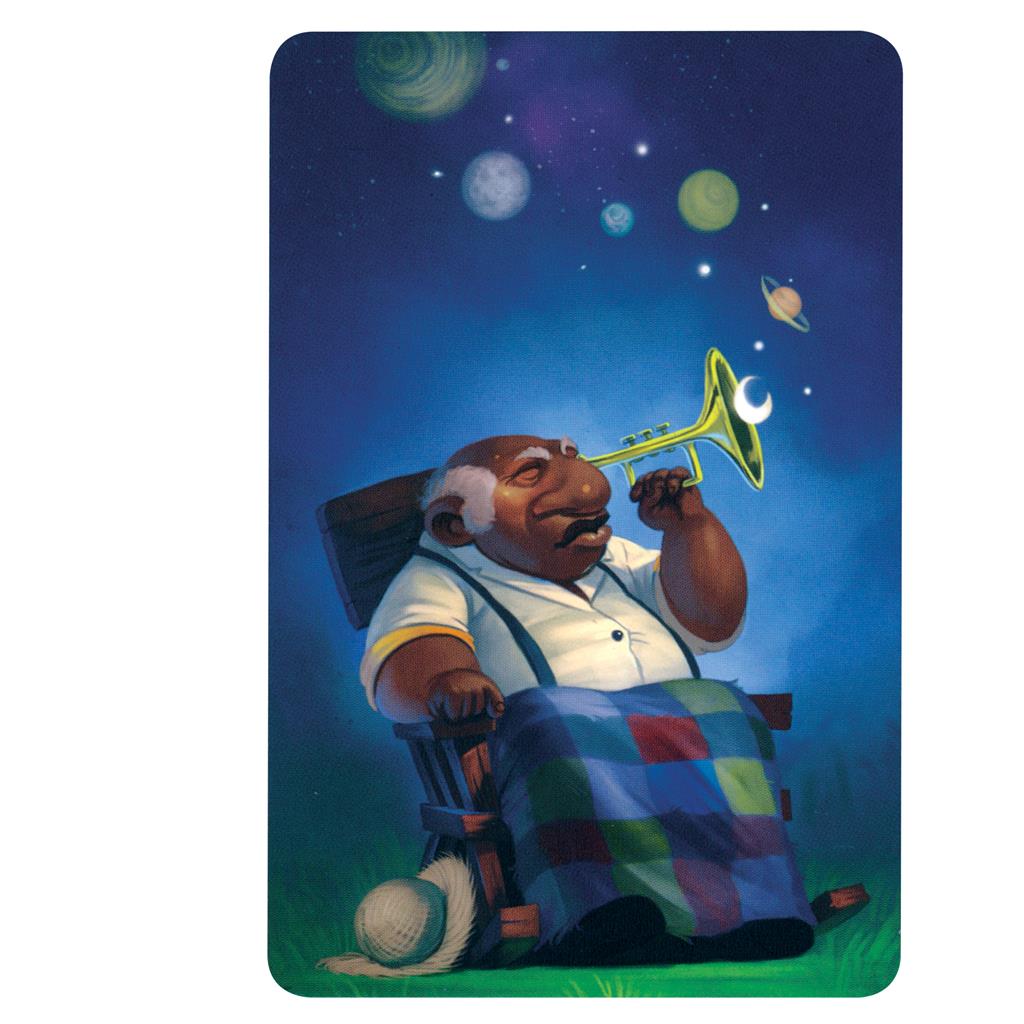 Illustration of a character playing a trumpet while sitting in a chair, surrounded by colorful planets and stars.