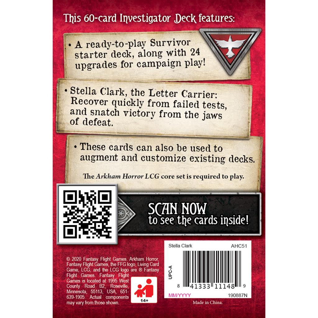 Back of the Arkham Horror LCG Stella Clark Starter Deck, showcasing deck features and customization options for gameplay.