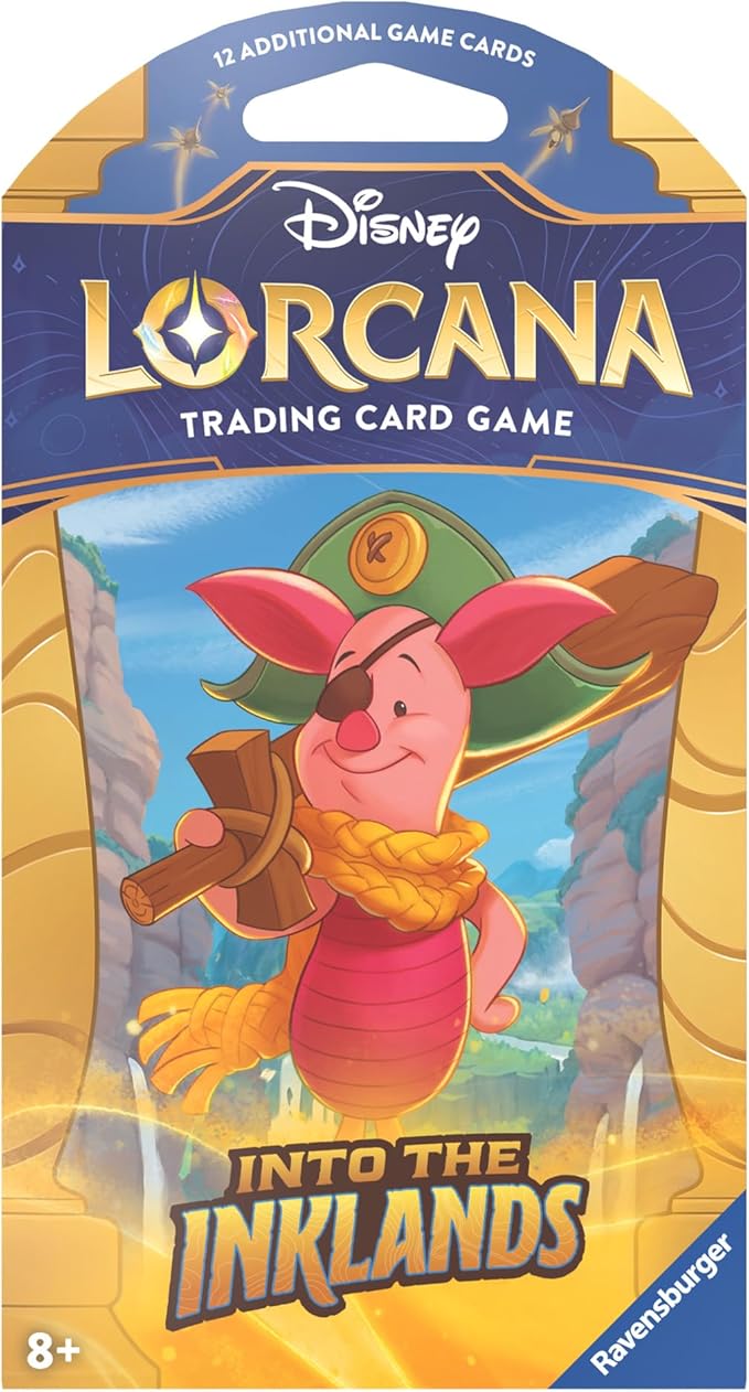 Disney Lorcana TCG Into the Inklands booster sleeve pack featuring a cartoon pig character in a pirate outfit.