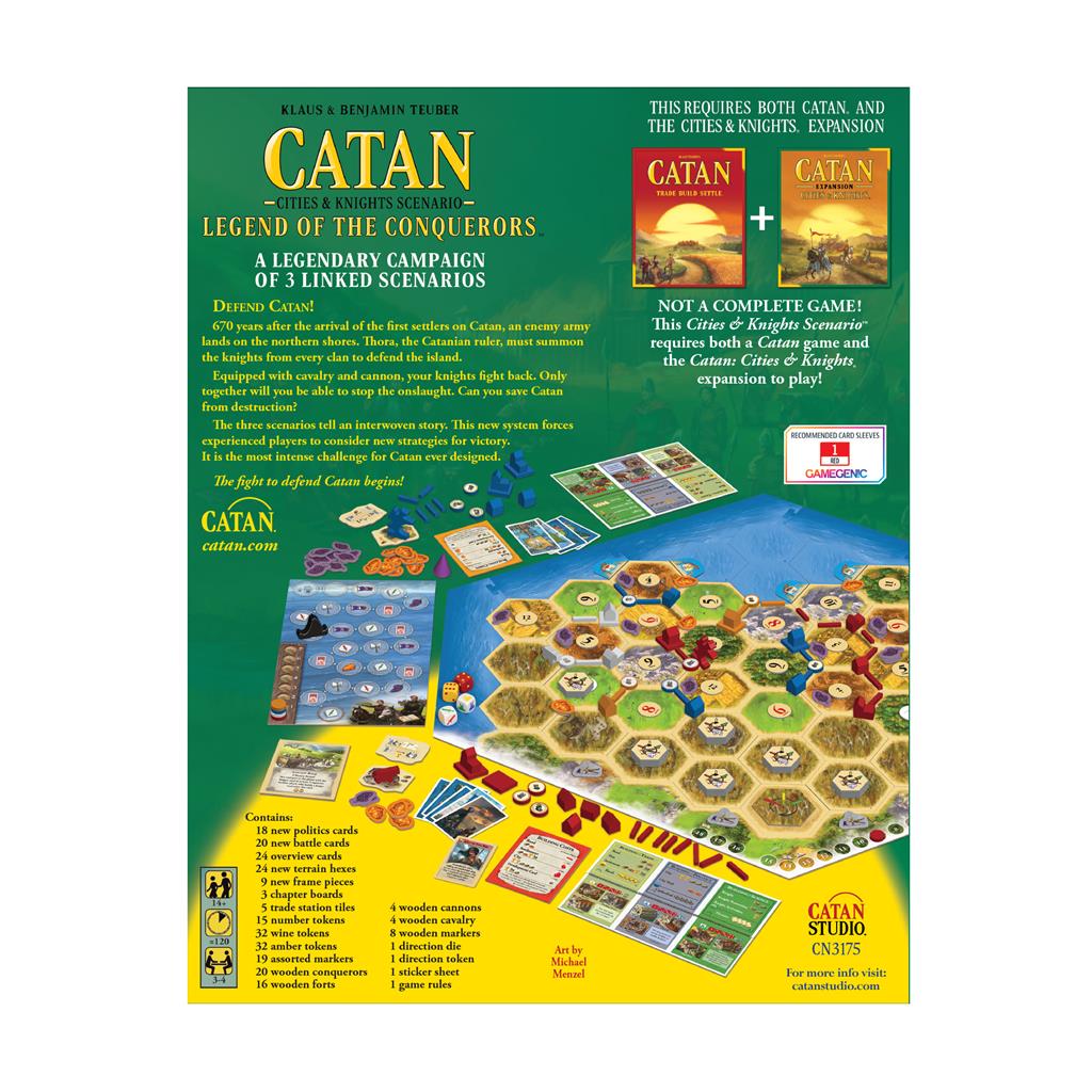 Catan - Legend of the Conquerors game box showcasing a campaign map, game pieces, and scenario details for strategy gameplay.