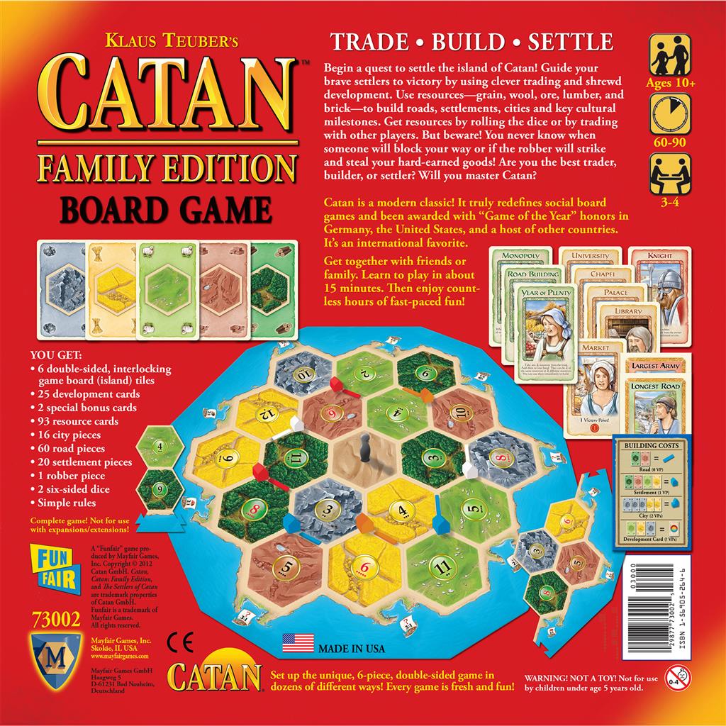 Catan Family Edition board game box featuring colorful hexagonal tiles, resource cards, and game components for strategy gameplay.