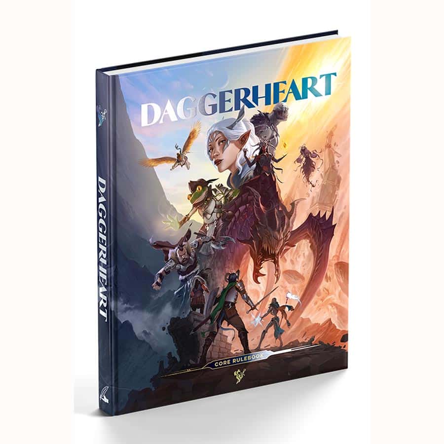 Daggerheart RPG Core Set features a vibrant cover with a fantasy scene, showcasing characters and a dragon in action.