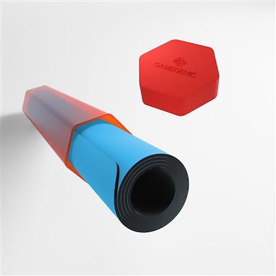 Gamegenic Playmat Tube in red, featuring a protective design for rolled playmats, with a blue mat partially visible.