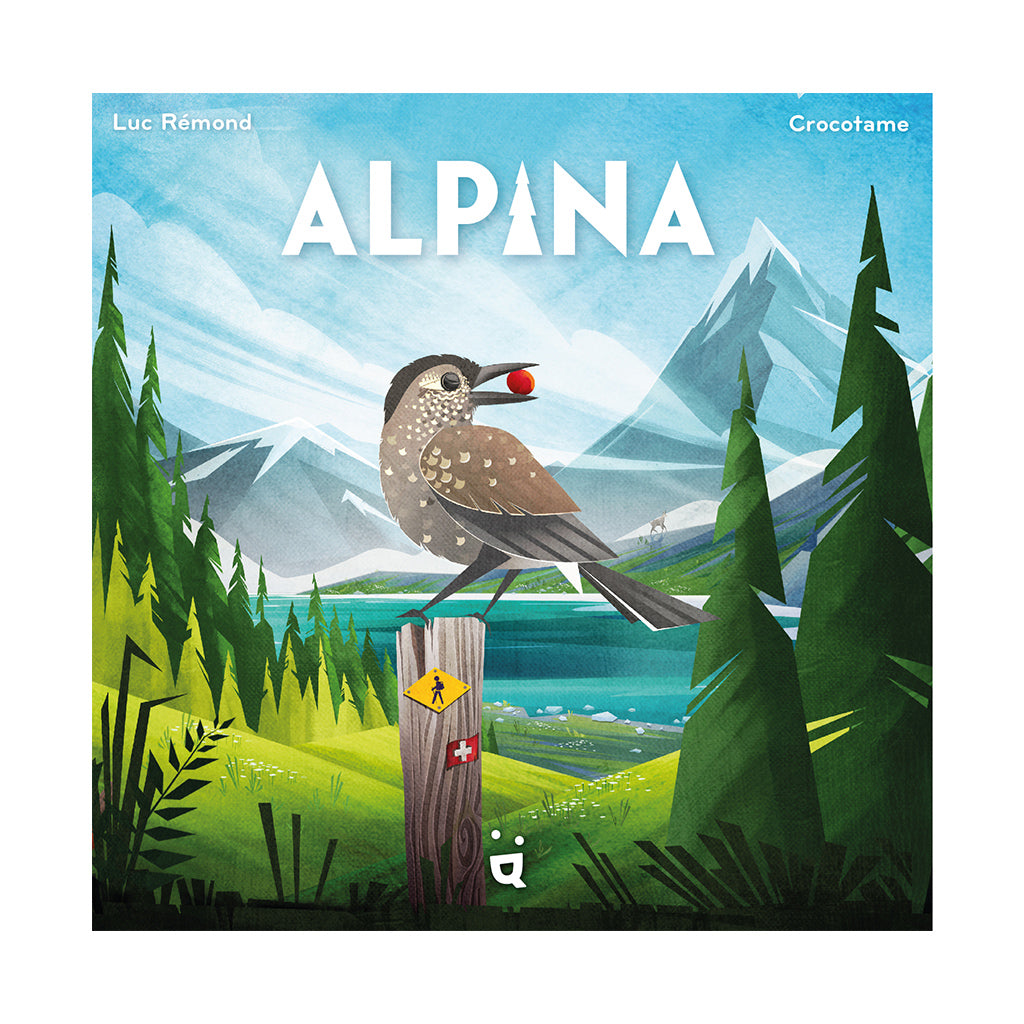 Colorful board game cover for Alpina featuring a bird on a post with mountains and a lake in the background.