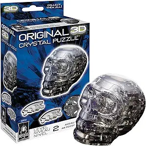 3D crystal puzzle of a black skull, featuring transparent pieces and a sleek design, packaged in a colorful box.