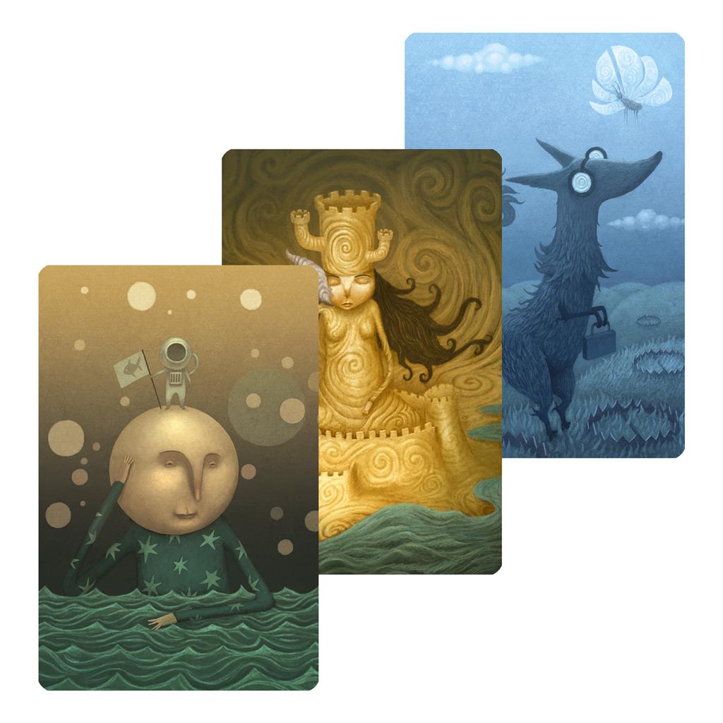Three illustrated cards from the Dixit: Daydreams Expansion featuring whimsical characters and dreamlike landscapes.