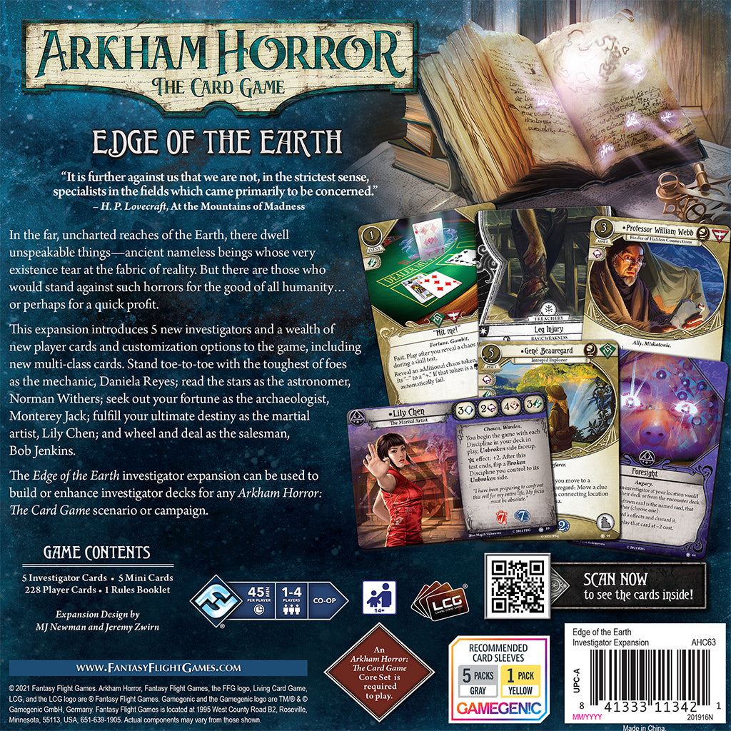 Back cover of the Arkham Horror LCG Edge of the Earth Investigator Expansion, featuring cards and a rule booklet.