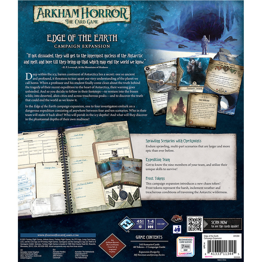 Back cover of Arkham Horror LCG Edge of the Earth Campaign Expansion, featuring game components and thematic artwork.