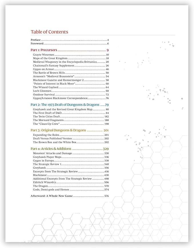 Table of contents for "Dungeons & Dragons: The Making of Original Dungeons & Dragons (1970-1977)" detailing sections and chapters.