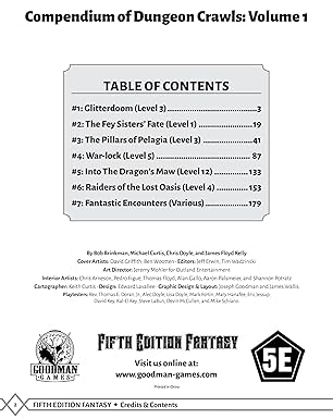 Table of contents for Dungeons & Dragons 5E: Compendium of Dungeon Crawls - Volume 1, listing various adventure levels and titles.