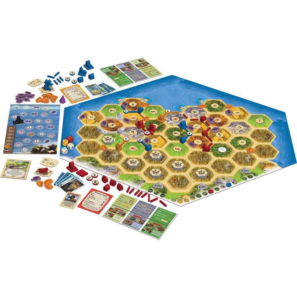 Catan - Legend of the Conquerors board game setup featuring hexagonal tiles, resources, player pieces, and cards.