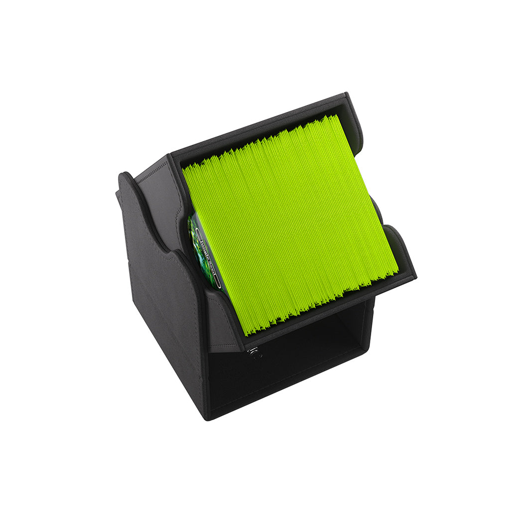 Gamegenic Deck Box Squire 100+ XL in black, featuring a vibrant green card storage interior for tabletop gaming.