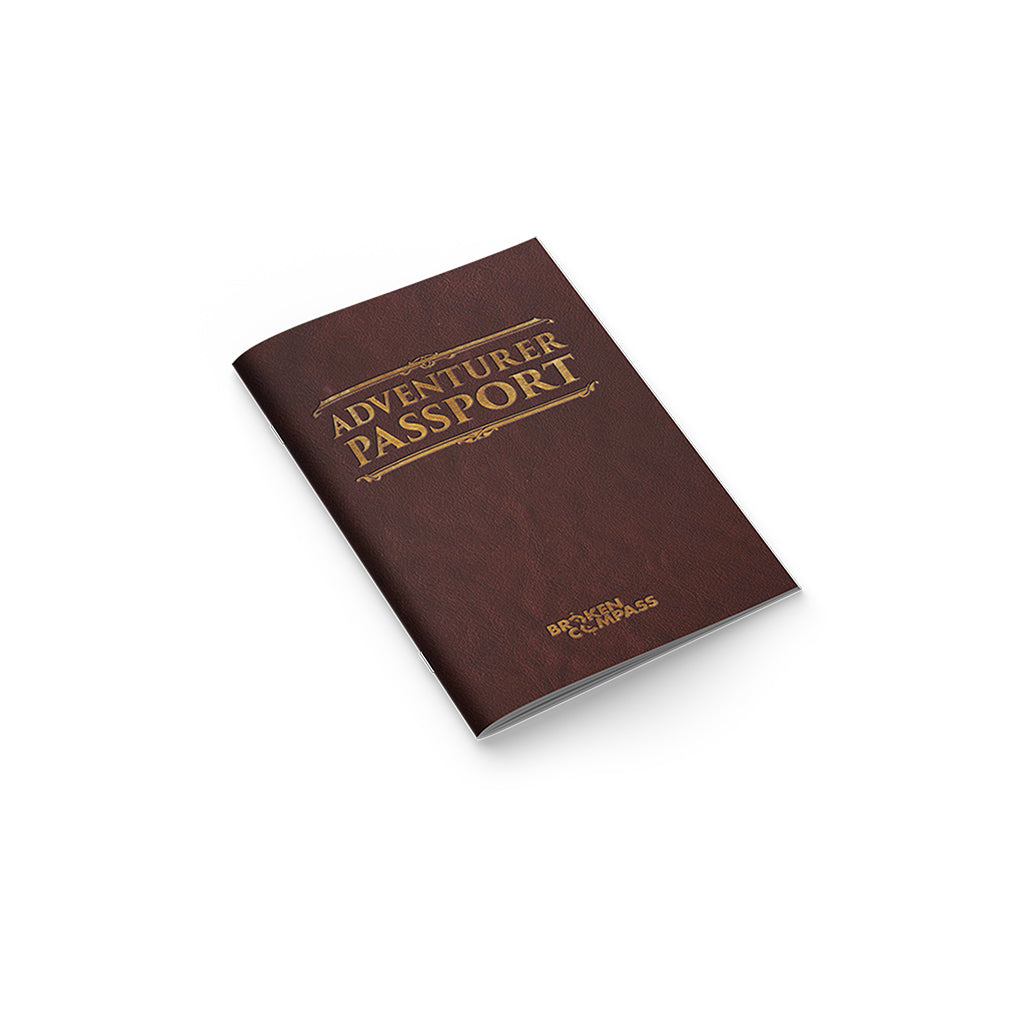 Brown Adventurer Passport booklet for Broken Compass RPG, designed for narrators to enhance gameplay experience.