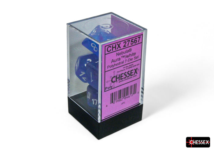 Chessex Nebula Aura/White Luminary polyhedral 7-dice set in clear packaging, featuring vibrant purple and white colors.