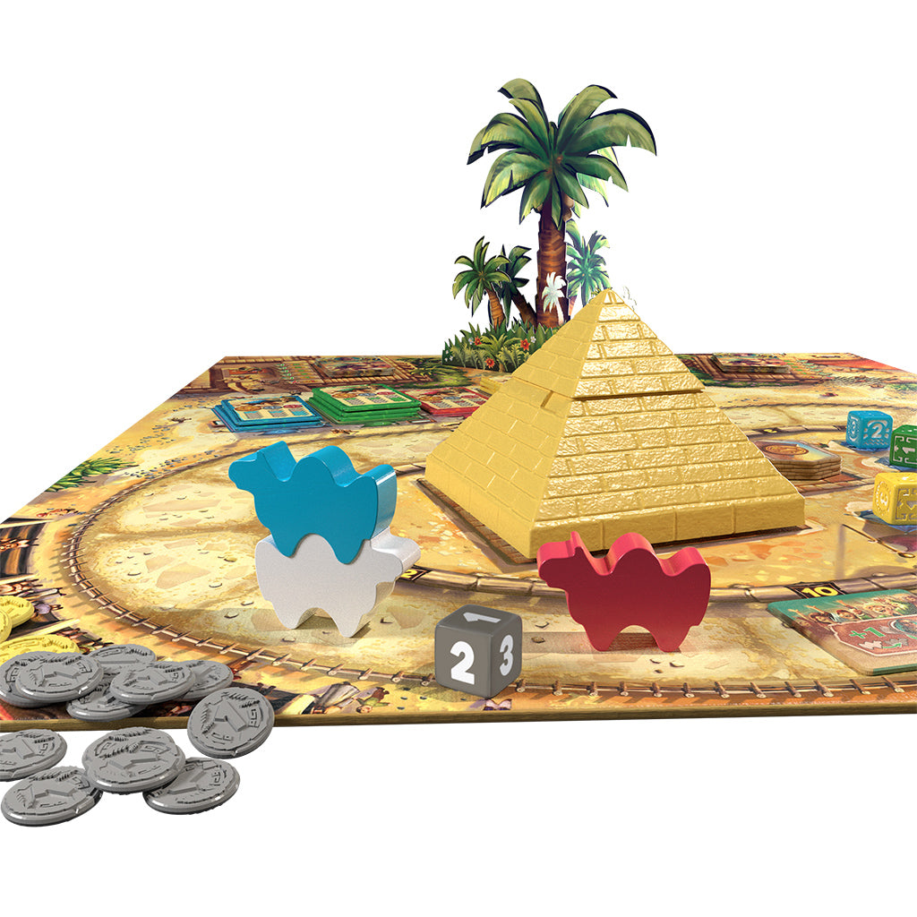 Colorful board game Camel Up featuring a pyramid, camels, dice, and coins on a vibrant game board.