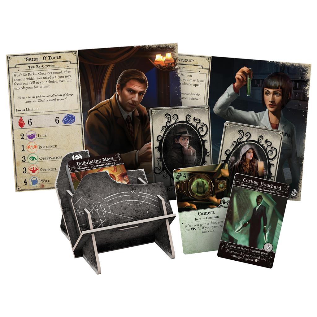 Arkham Horror 3E: The Dead of Night game components including character cards, a game board, and tokens.