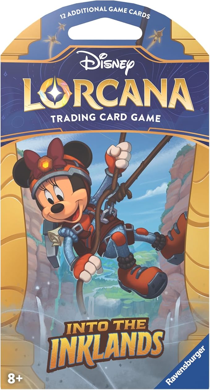 Disney Lorcana TCG Into the Inklands booster sleeve featuring a cartoon character climbing with vibrant artwork and game details.