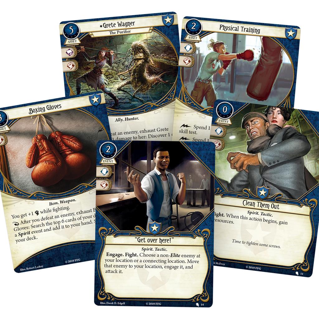 Five cards from the Arkham Horror LCG Nathaniel Cho Starter Deck, featuring allies, weapons, and skills for gameplay.
