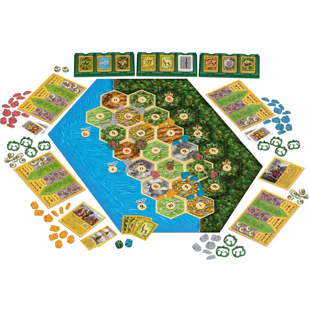 Catan - Rise of the Inkas board game setup featuring hexagonal tiles, resource cards, and player pieces arranged on a table.