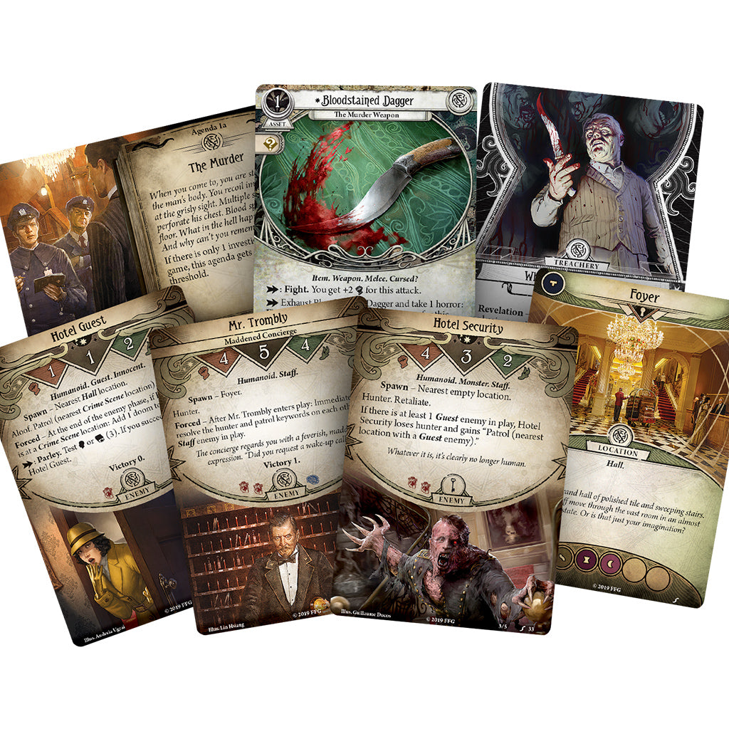 A collection of Arkham Horror LCG cards featuring artwork and text related to the "Murder at the Excelsior Hotel" scenario.