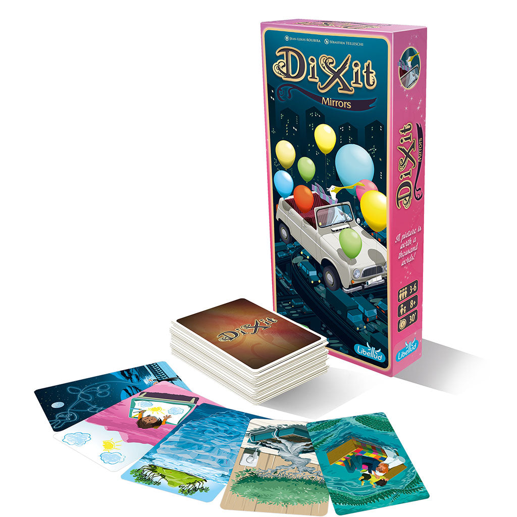 Dixit: Mirrors Expansion box with colorful cards featuring imaginative artwork, enhancing storytelling gameplay for all ages.