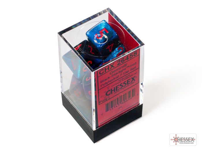 Chessex Gemini Black-Starlight/Red Polyhedral 7-Dice Set displayed in a clear box, featuring vibrant blue and red colors.