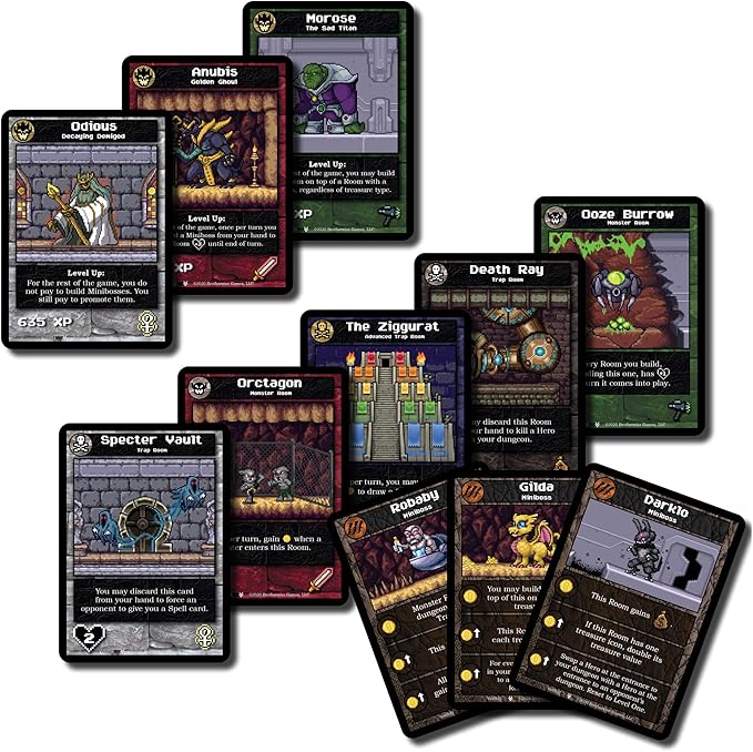 Boss Monster: Vault of Villains expansion featuring various game cards including characters, rooms, and abilities.
