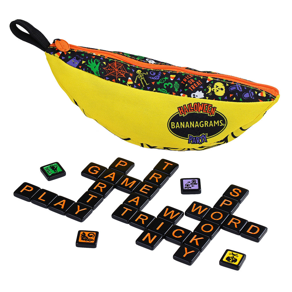 Bananagrams Halloween Party pouch with colorful Halloween-themed tiles arranged to spell words like "spooky" and "trick.