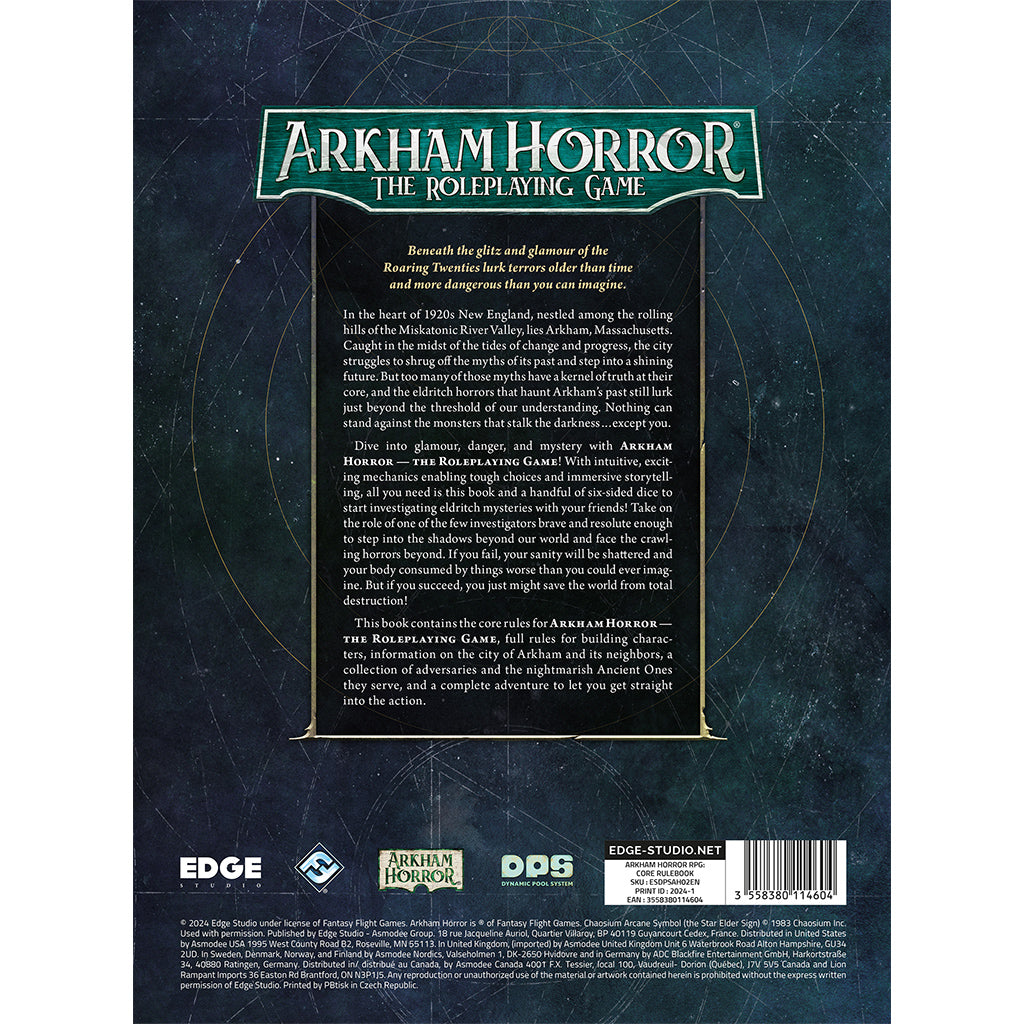 Back cover of the Arkham Horror RPG Core Rulebook featuring game details, publisher information, and artwork.