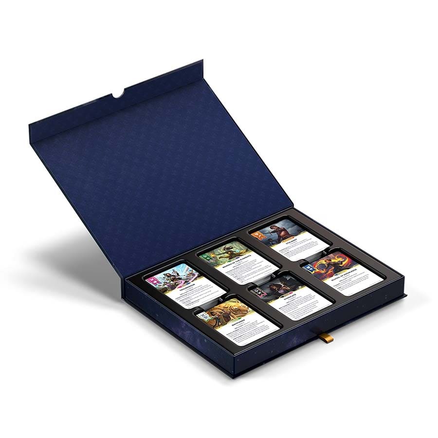 Daggerheart RPG Core Set displayed in an open box, featuring various character and gameplay cards inside.