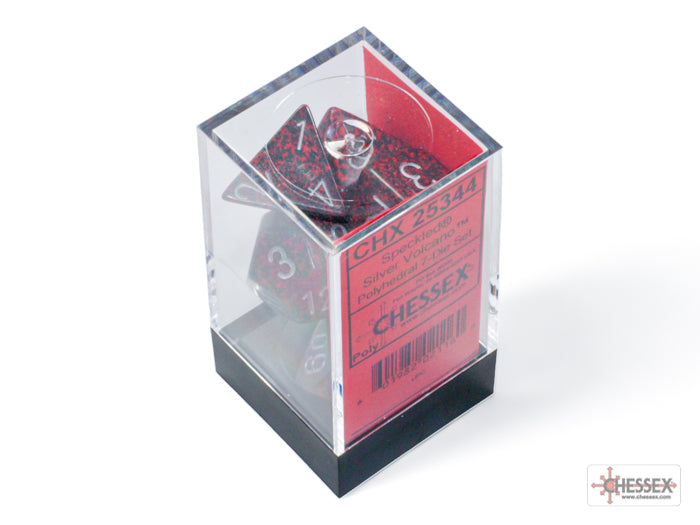 Speckled silver and red polyhedral 7-dice set in a clear display box, ideal for tabletop gaming and RPGs.