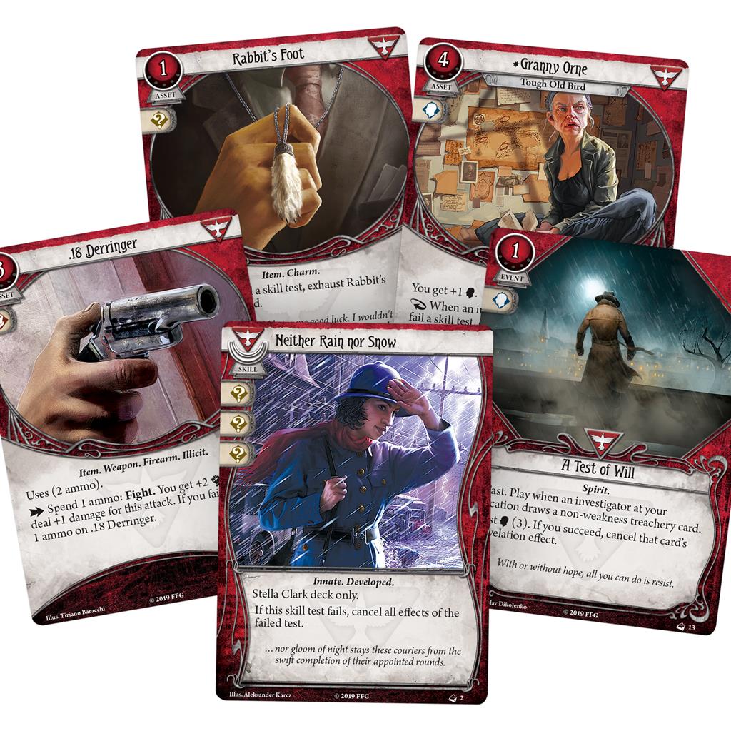 Five cards from the Arkham Horror LCG Stella Clark Starter Deck, featuring characters and items for gameplay.