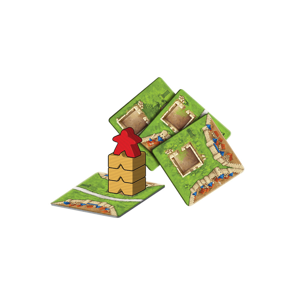 Carcassonne Expansion 4: The Tower includes game tiles and a wooden tower piece for strategic gameplay enhancements.
