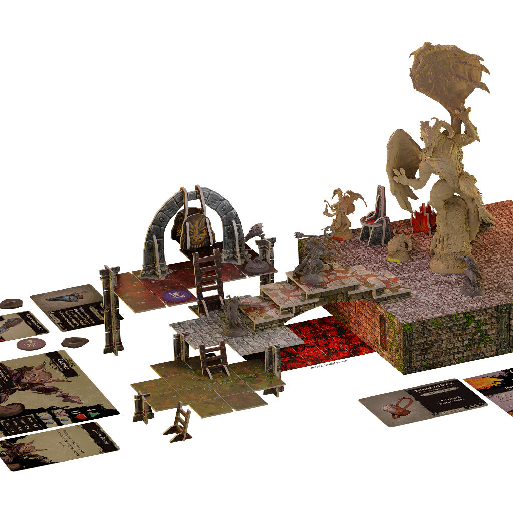 3D game setup for Descent: Legends of the Dark - The Betrayer's War, featuring miniatures, terrain, and game cards.