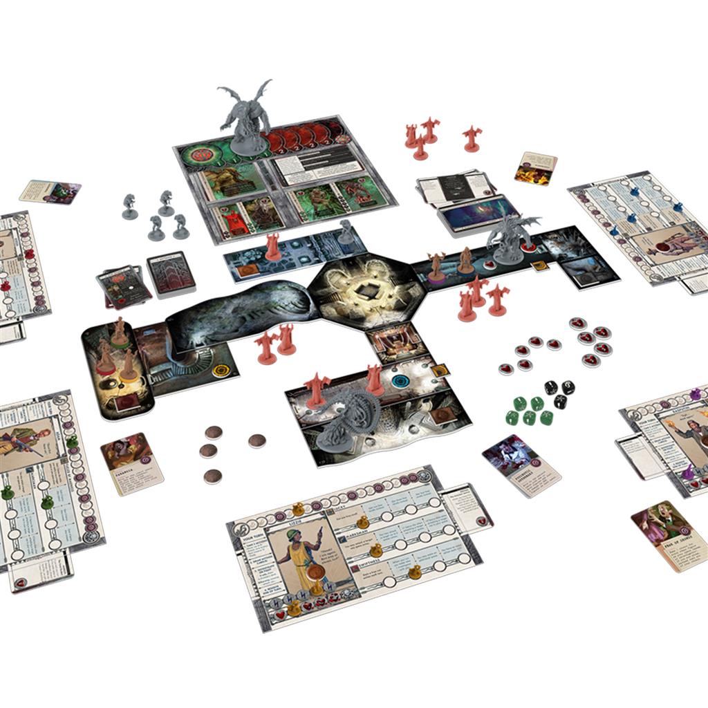 Cthulhu: Death May Die board game setup featuring miniatures, character cards, and game boards arranged for play.
