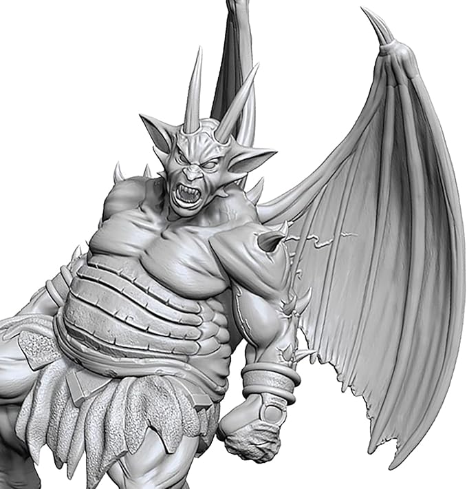 Unpainted Nycaloth miniature from Dungeons & Dragons, featuring detailed wings and fierce expression, ideal for painting.