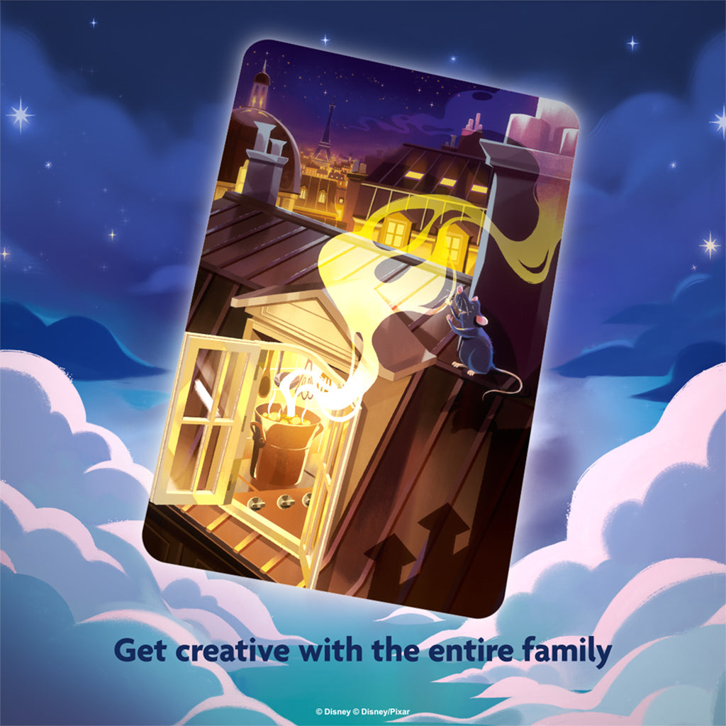 Colorful Dixit: Disney Edition card featuring a whimsical scene of a cat on a rooftop, inviting family creativity.