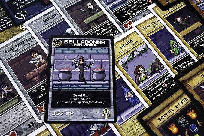 Boss Monster 2: The Next Level game cards spread out, featuring the Belladonna card with artwork of a vampire baroness.
