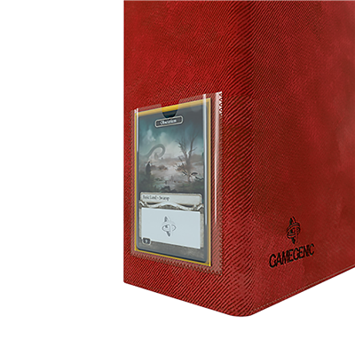 Red Gamegenic Prime Ring-Binder featuring a clear pocket for card display and durable textured cover for protection.