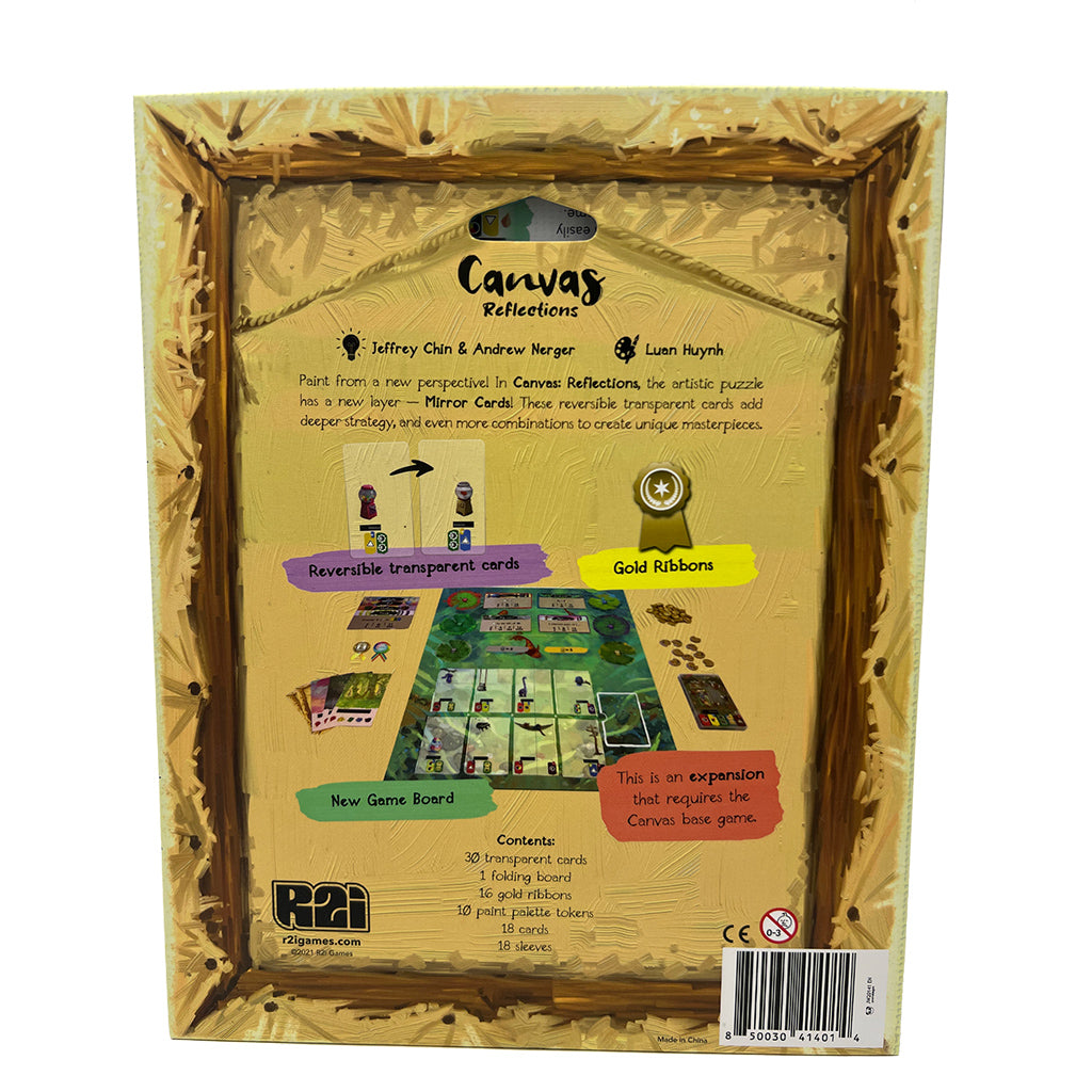 Back of the Canvas Reflections board game box featuring game details, components, and artwork.