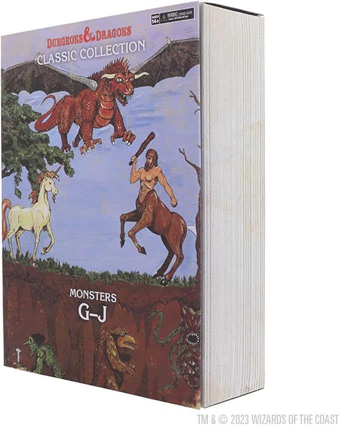 Dungeons & Dragons Classic Collection book featuring illustrations of various monsters from G to J, including a dragon and unicorn.