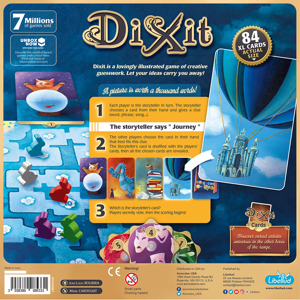 Dixit 2021 Refresh game box featuring 84 illustrated cards, gameplay instructions, and colorful artwork on the back.