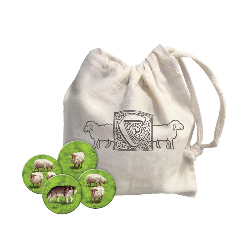 Cotton bag featuring sheep design, containing round game tokens with sheep illustrations for Carcassonne Expansion 9: Hills and Sheep.